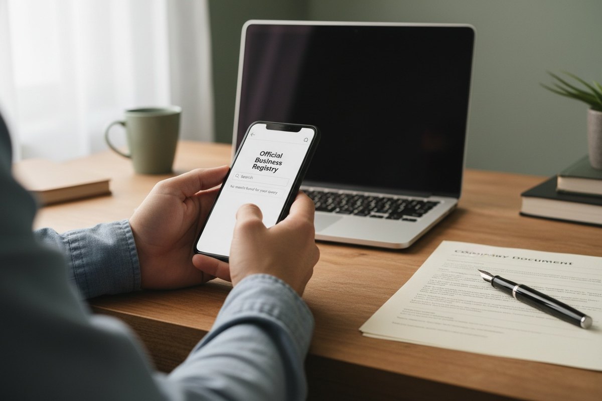 Recherche infructueuse d'une société financière dans les registres officiels sur un smartphone