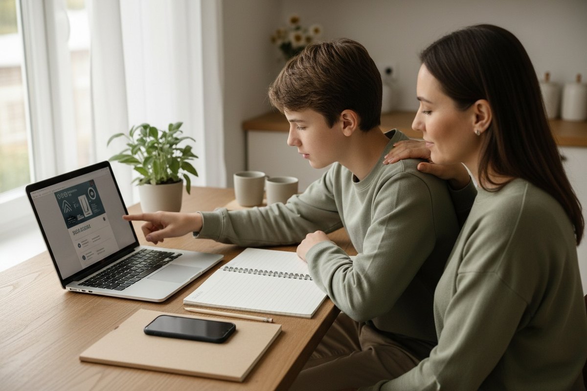 Un collégien et son parent consultent le portail scolaire sur un ordinateur à la maison.