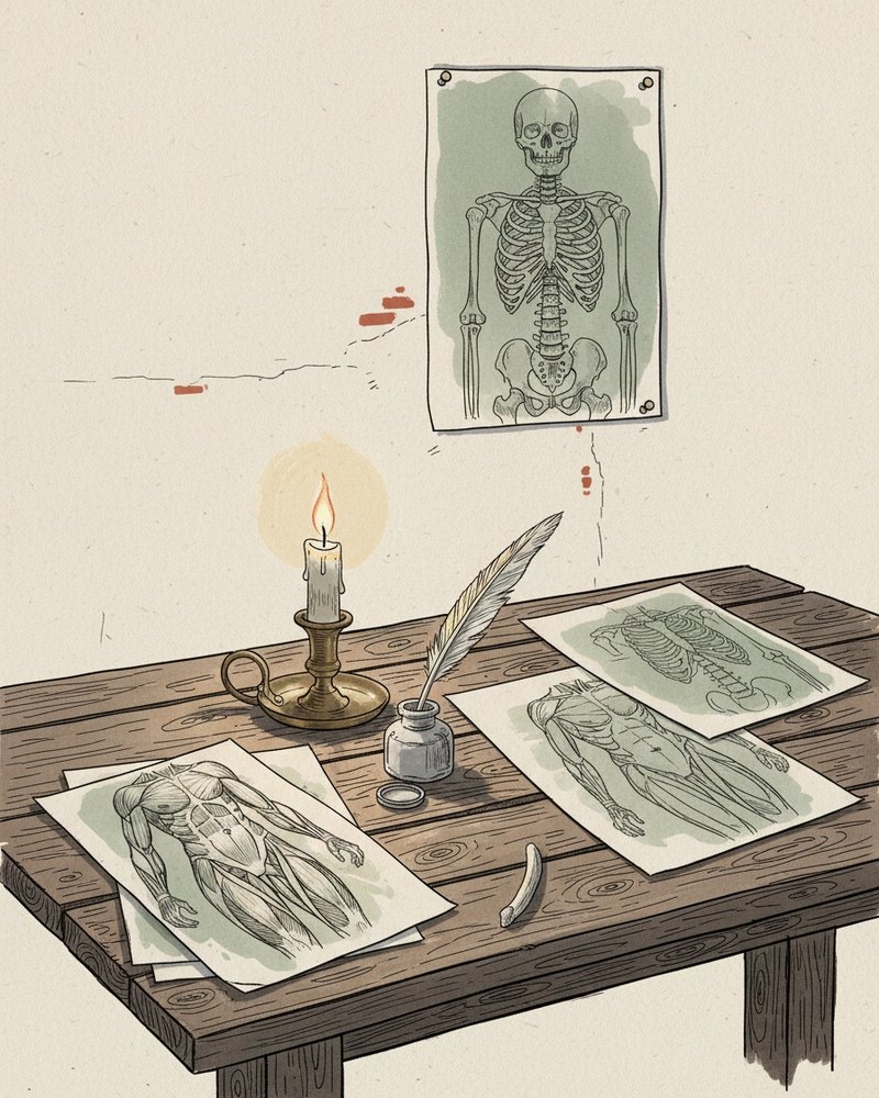 Étude nocturne de planches anatomiques du corps humain sur une table de travail