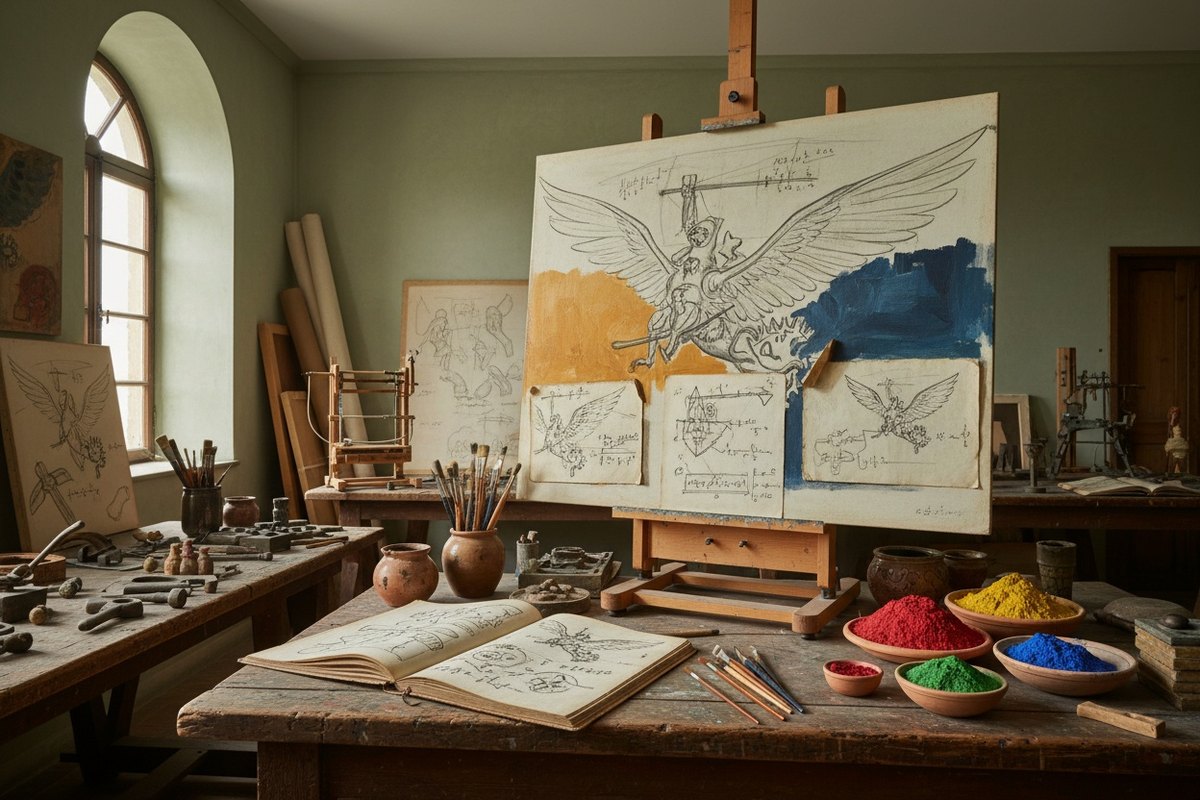 Atelier de la Renaissance avec chevalets, pigments et carnets de croquis de machines volantes