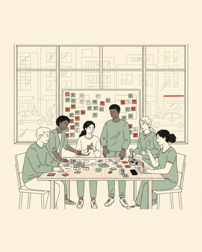 Illustration d'un atelier de co-conception au Tuba Mulhouse avec des citoyens et des professionnels autour de prototypes.